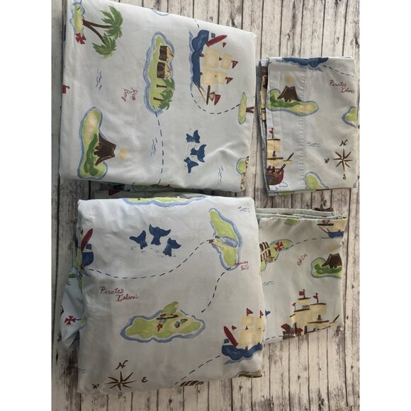 PIRATE MAP Pottery Barn Kids TREASURE COVE Ship Sheet Set Double Full - Picture 1 of 8